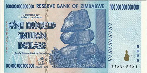 Zimbabwen sadan biljoonan dollarin seteli kertoo maan hyperinflaatiosta.