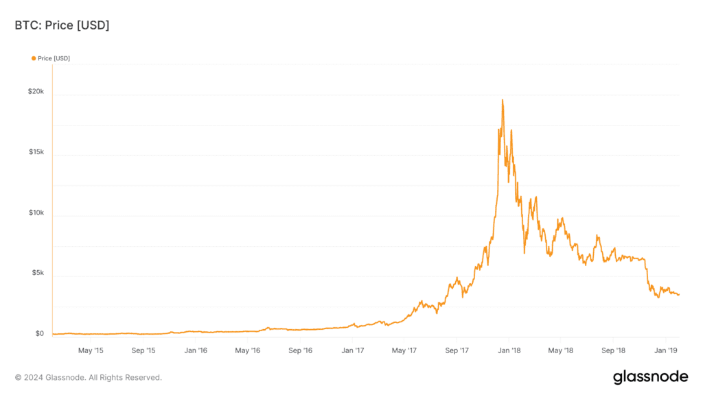 Kaavio Bitcoinin USD-hinnasta vuosina 2015–2019, sisältäen merkittävän hintapiikin vuoden 2017 loppupuolella ja sitä seuranneen laskusuhdanteen.